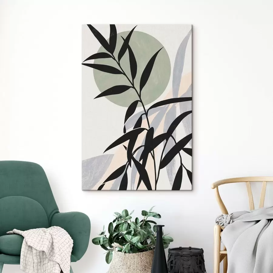 Fotobehang Een abstracte compositie met silhouetten van bladeren en cirkels s49364