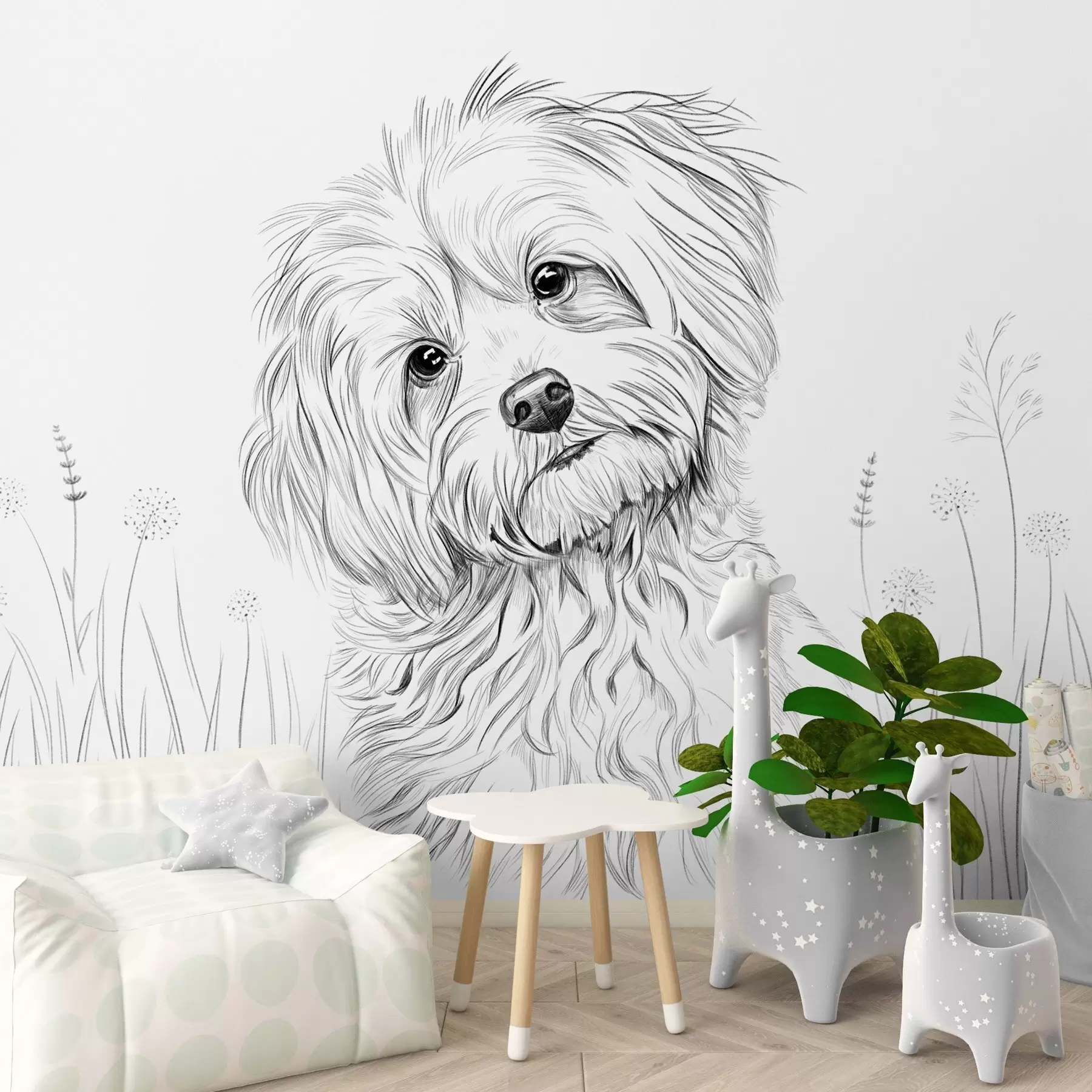 Papier peint photo Un joli dessin représentant un chien dans l'herbe w05656
