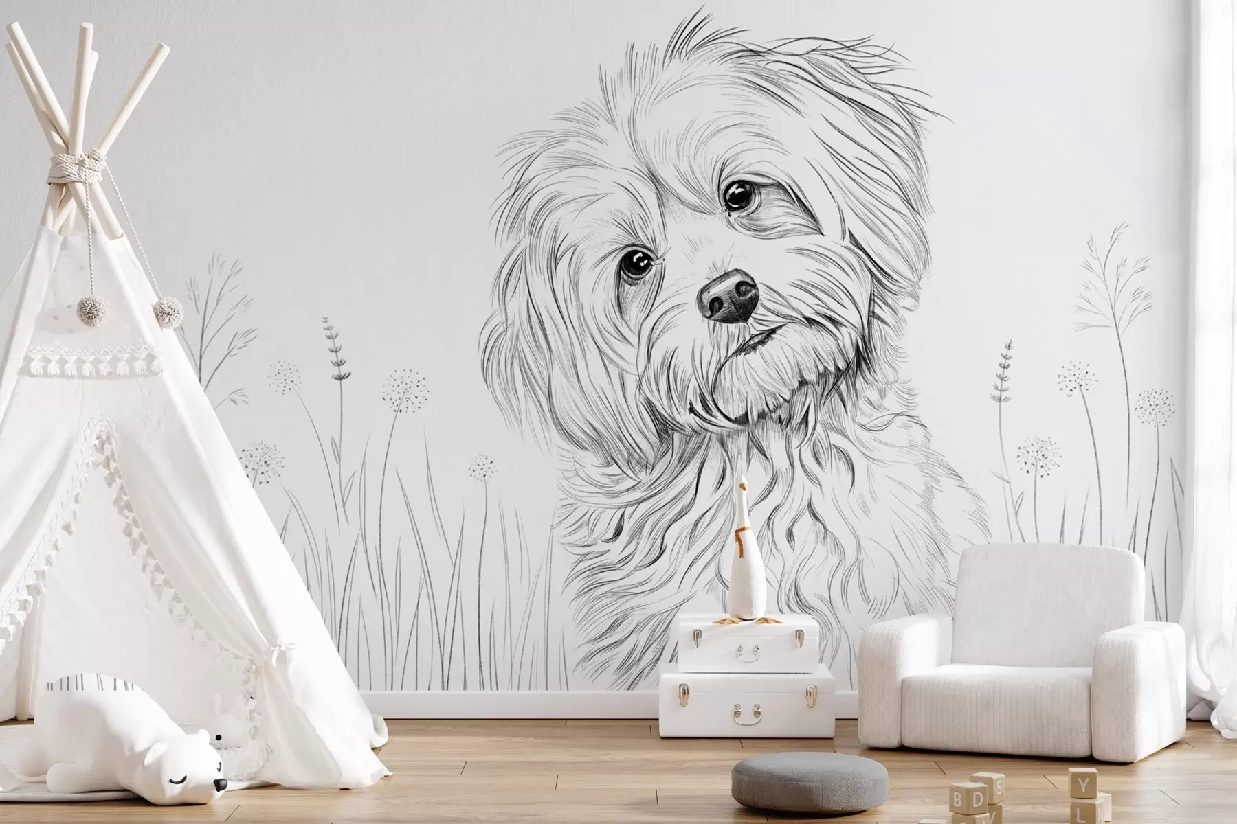 Papier peint photo Un joli dessin représentant un chien dans l'herbe w05656