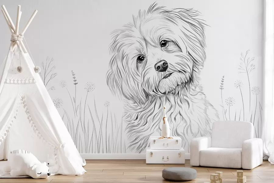 Papier peint photo Un joli dessin représentant un chien dans l'herbe w05656