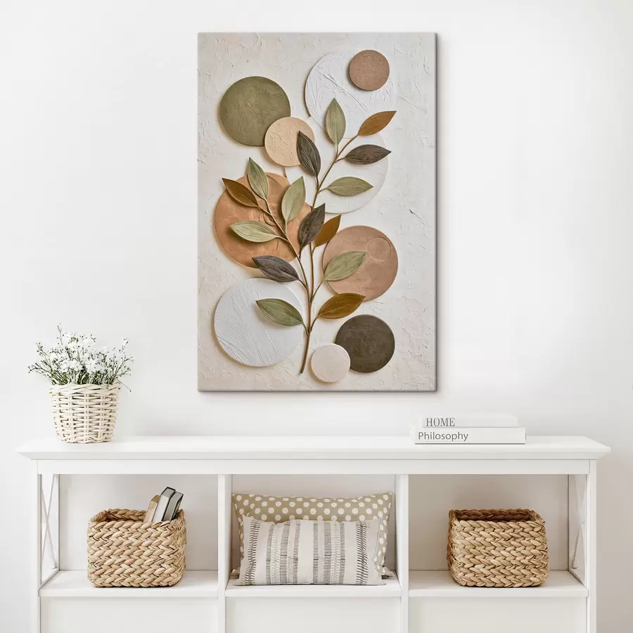 Fotobehang Een abstracte compositie met bladeren en cirkels s49410