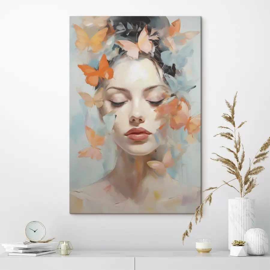  Peintures Portrait abstrait d'une jeune fille avec des papillons, imitation de peinture s49403