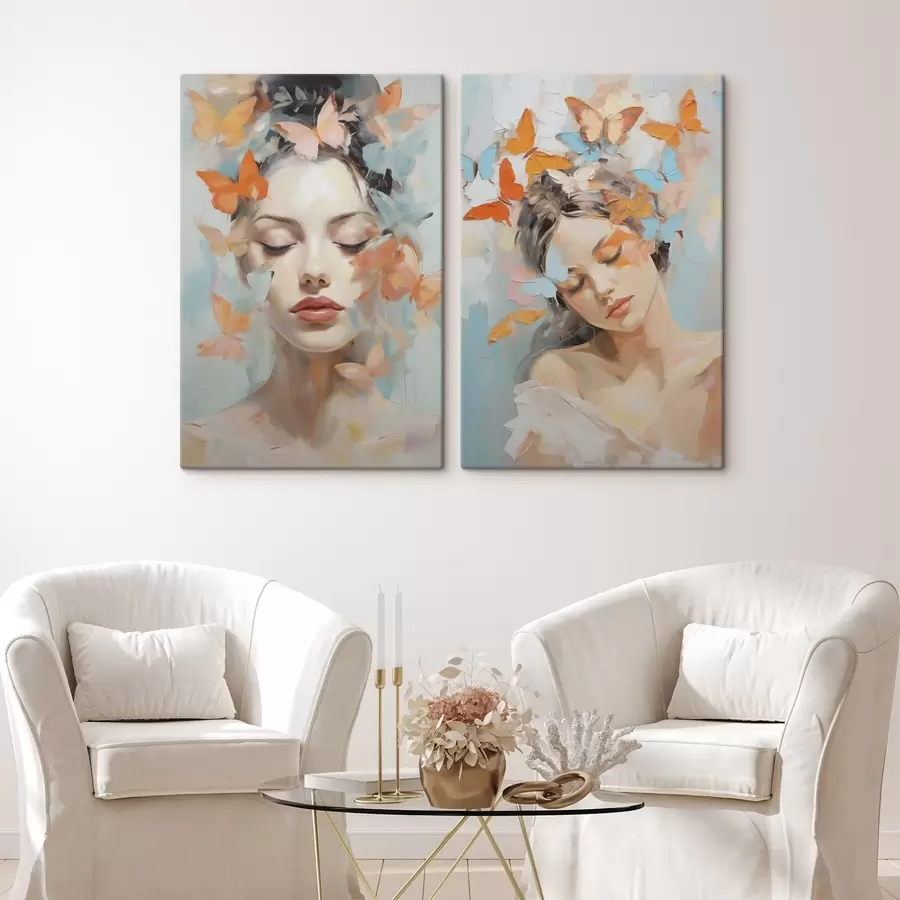 Fotobehang Abstract portret van een meisje met vlinders, schilderijimitatie m30560