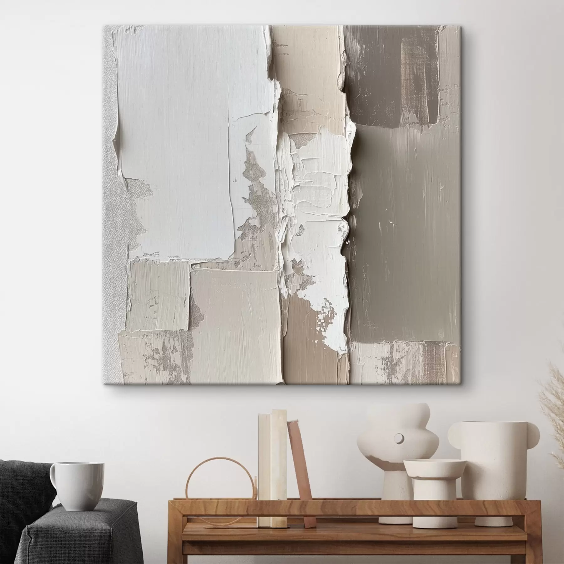  Peintures Peinture contemporaine dans une palette de beiges et de blancs, avec un relief texturé très marqué s48878