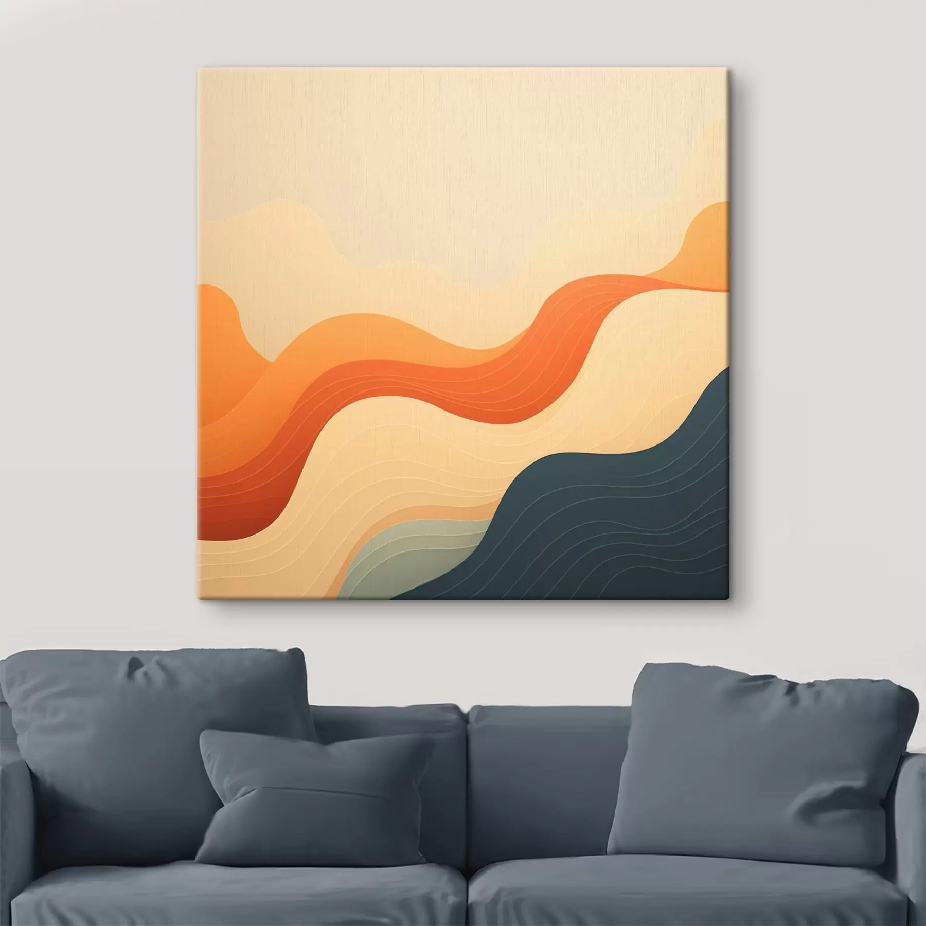  Peintures Paysage vallonné dans une palette de tons chauds beige-orange et bleu, dans un style abstrait s48879