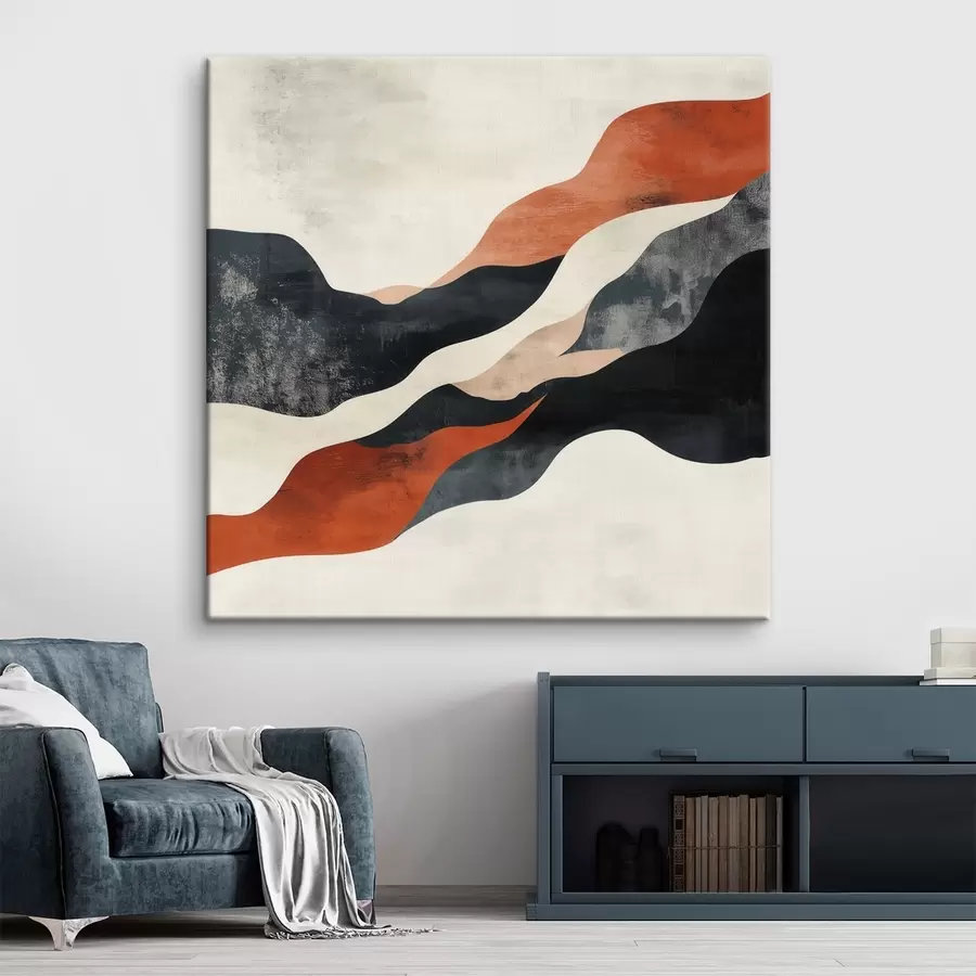  Peintures Paysage abstrait aux lignes ondulées, dans une palette contrastée de terracotta et de bleu foncé s48881