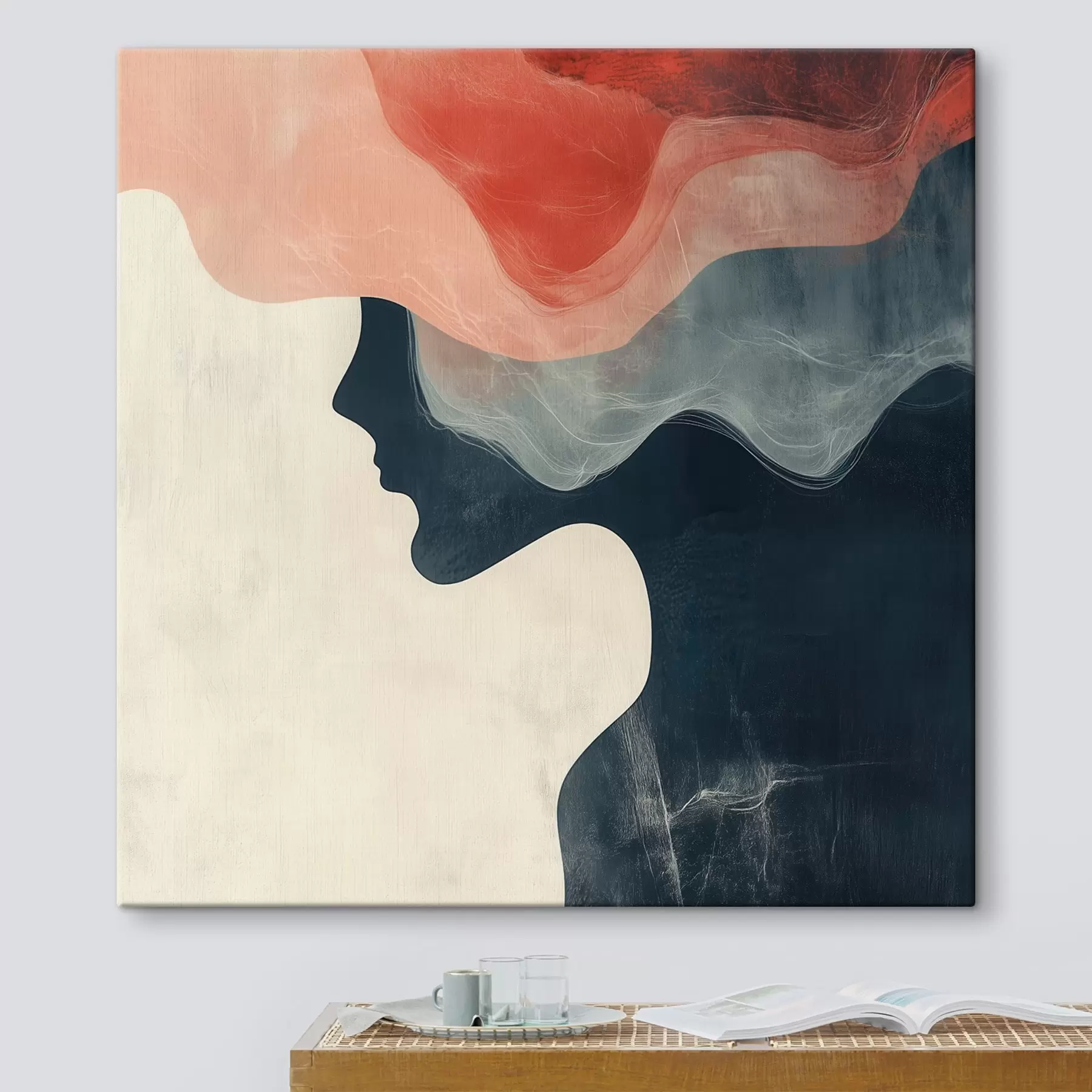  Peintures Silhouette féminine abstraite avec des vagues corail et bleues, dans un style minimaliste s48882