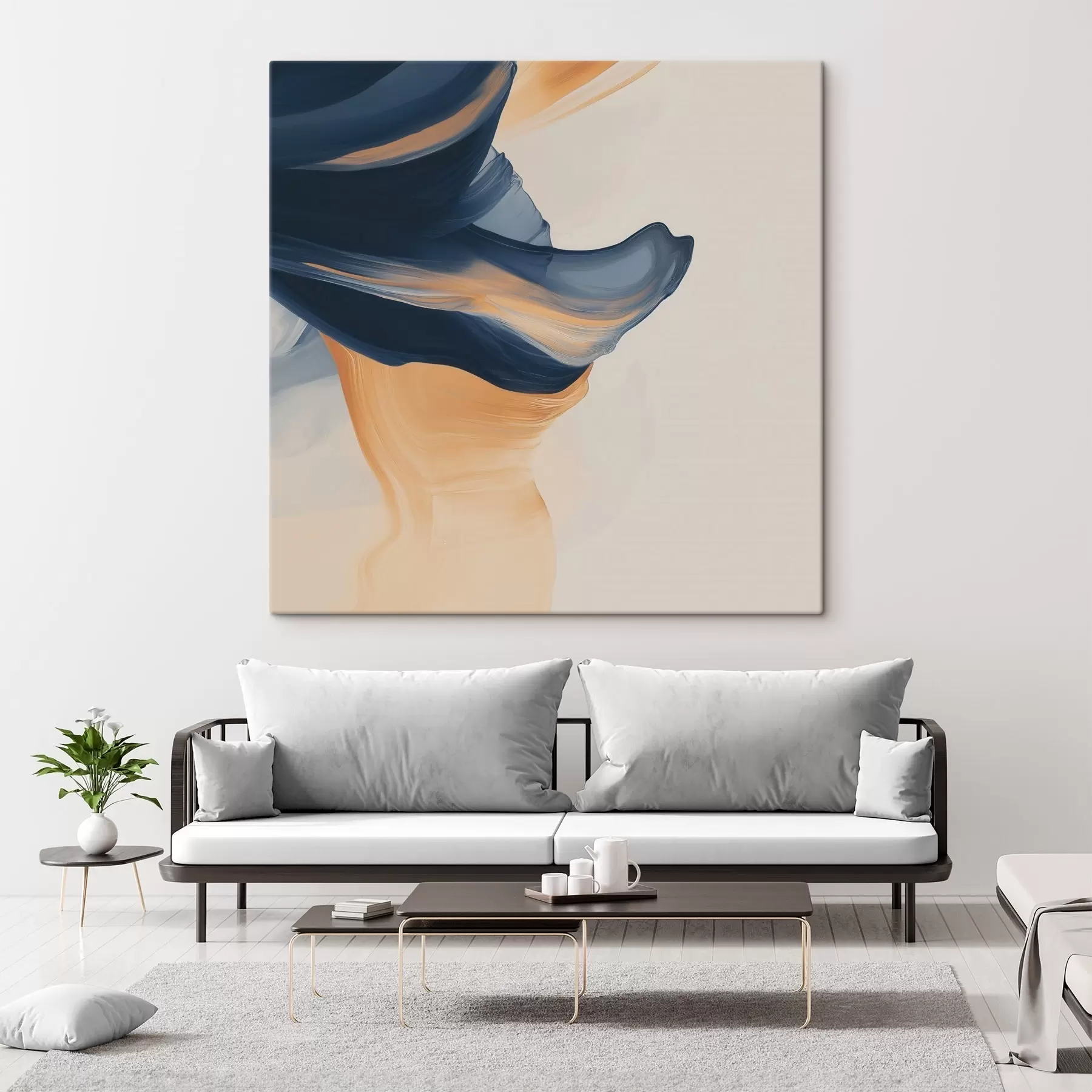  Peintures Composition aux tons bleu profond et pêche chaleureux, dans un style pictural contemporain s48883