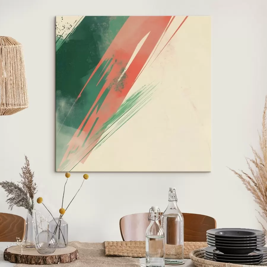  Peintures Composition abstraite et dynamique, avec des touches de pinceau expressives dans les tons verts et corail s48885