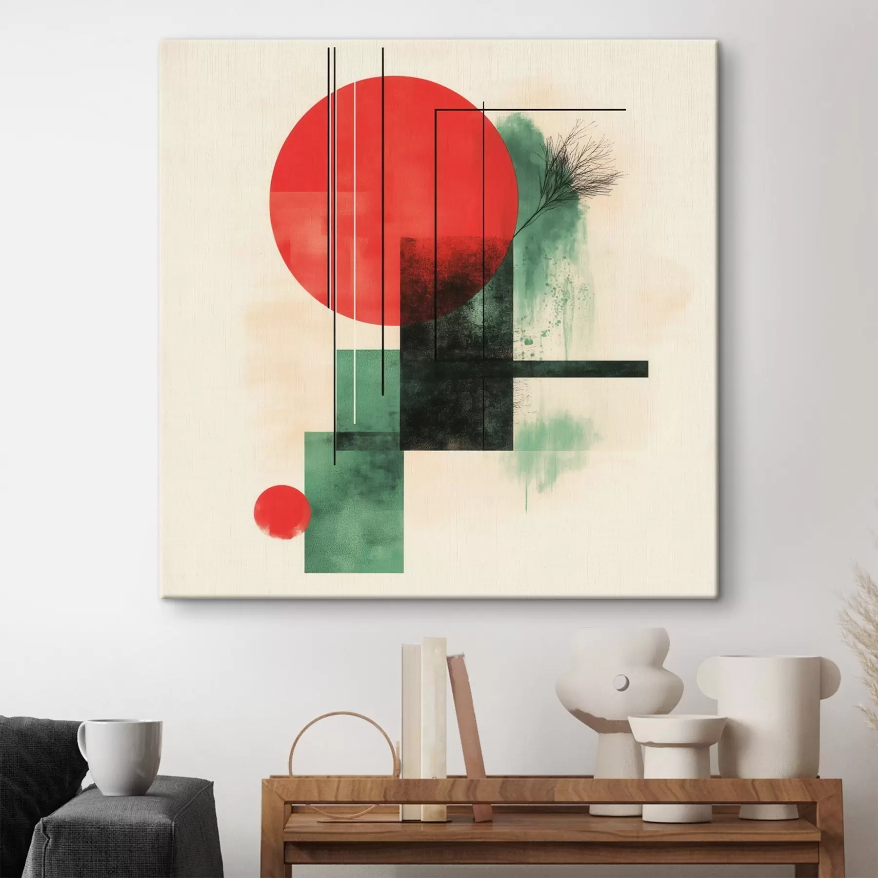  Peintures Composition artistique contemporaine aux lignes graphiques et aux éléments texturés s48887
