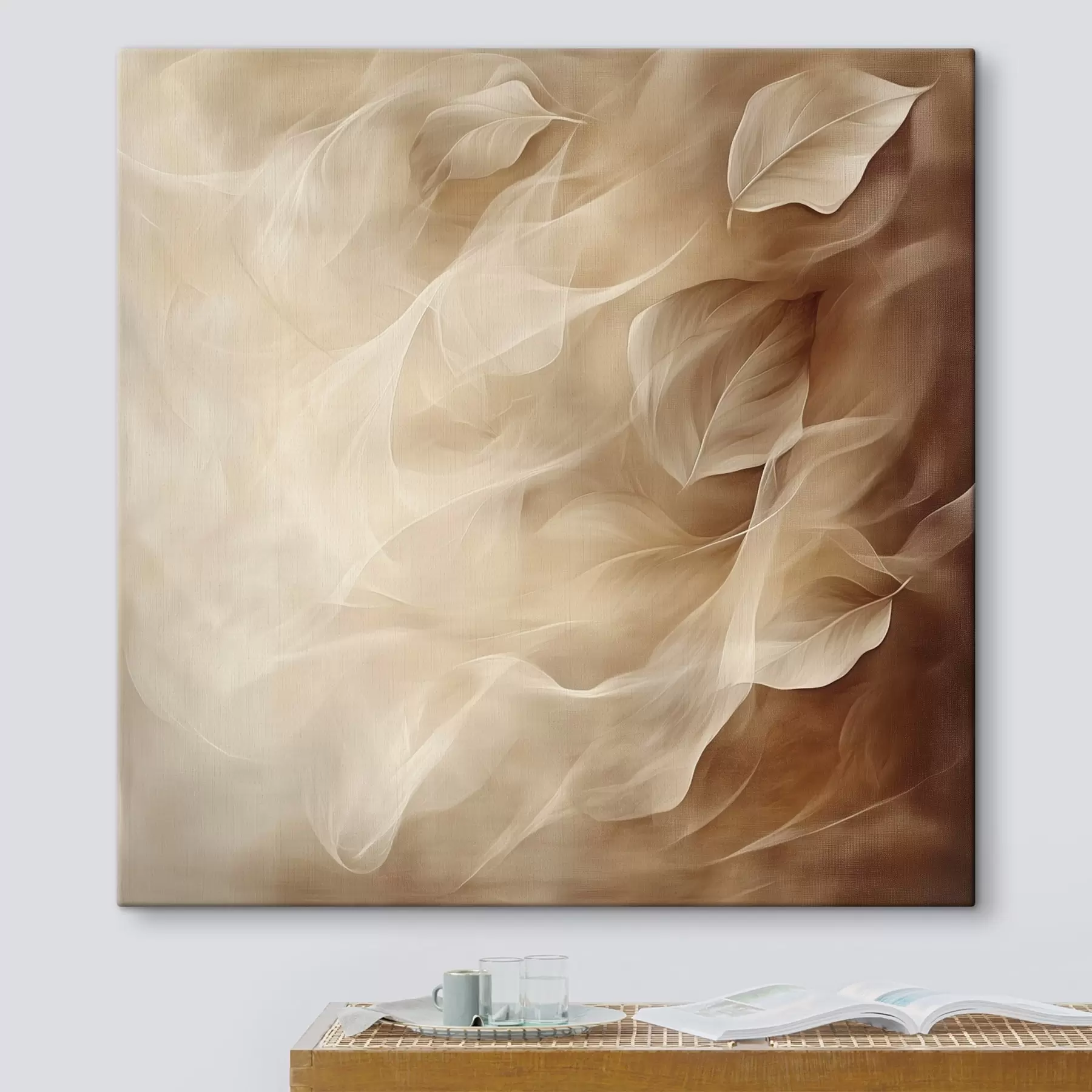  Peintures Des feuilles délicates dans une palette de tons beige et marron, dans un style pictural contemporain s48892