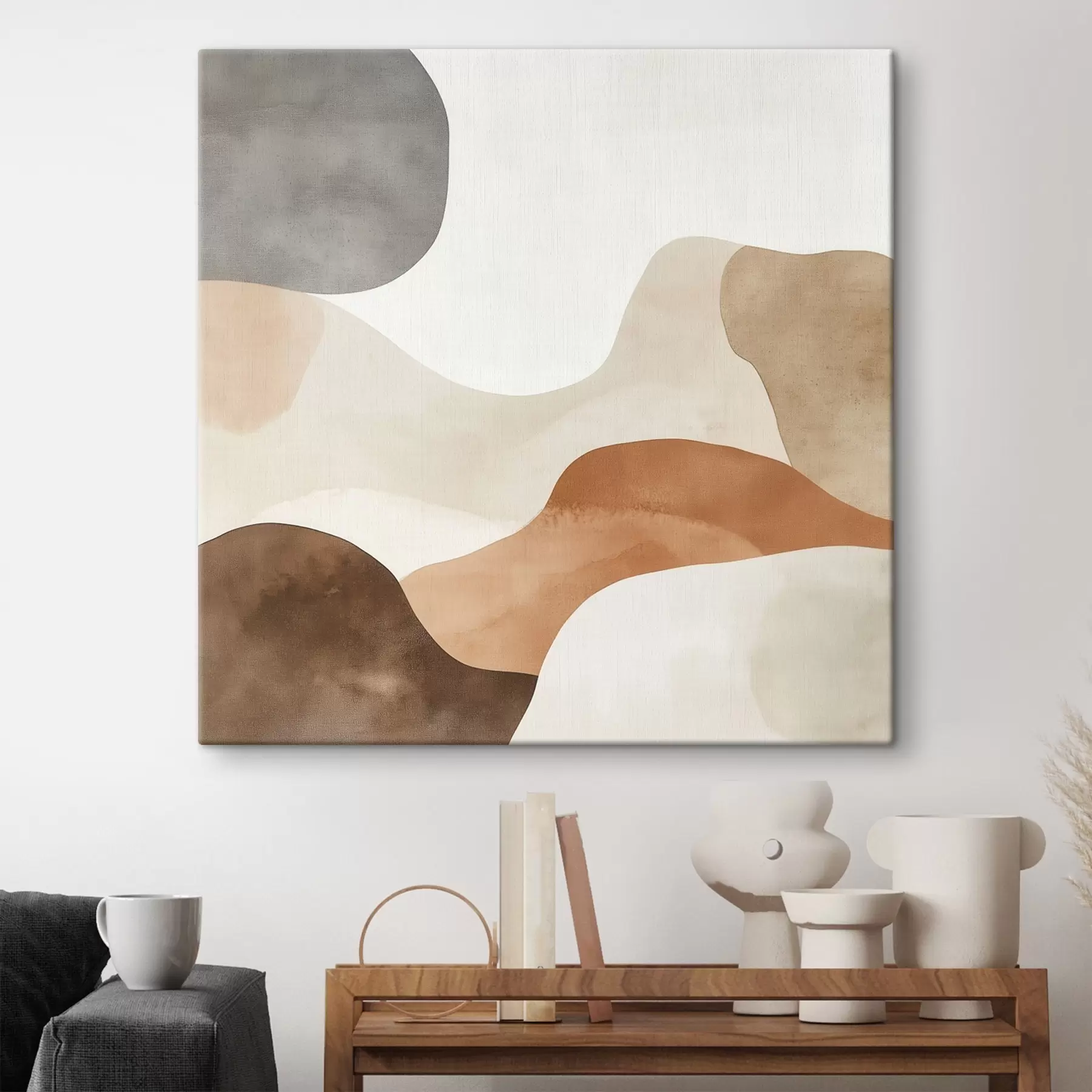 Peintures Paysage abstrait aux lignes fluides, dans une palette de tons beiges et bruns chauds s48893
