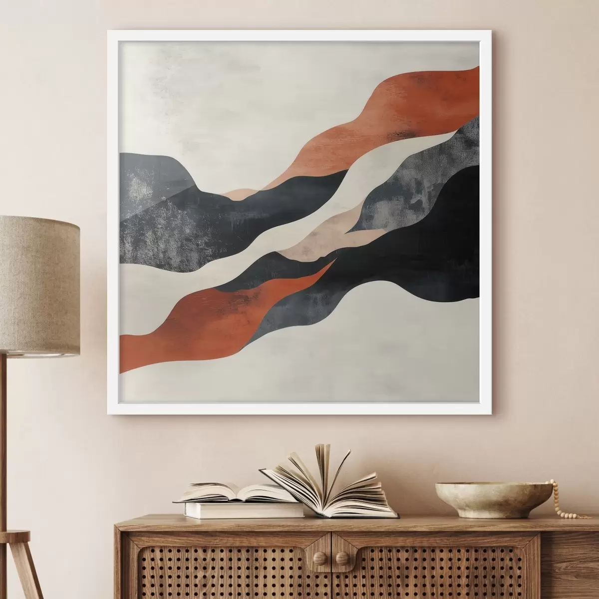 Affiche Paysage abstrait aux lignes ondulées, dans une palette contrastée de terracotta et de bleu foncé f48881