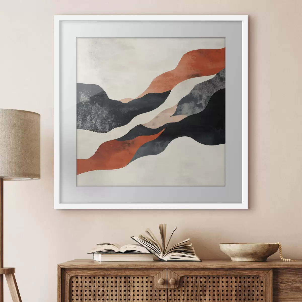 Affiche Paysage abstrait aux lignes ondulées, dans une palette contrastée de terracotta et de bleu foncé f48881