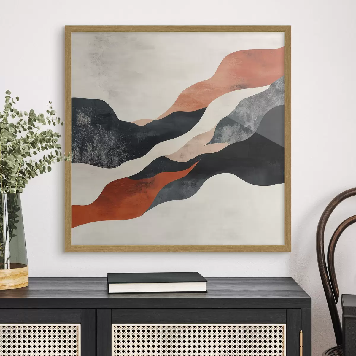 Affiche Paysage abstrait aux lignes ondulées, dans une palette contrastée de terracotta et de bleu foncé f48881