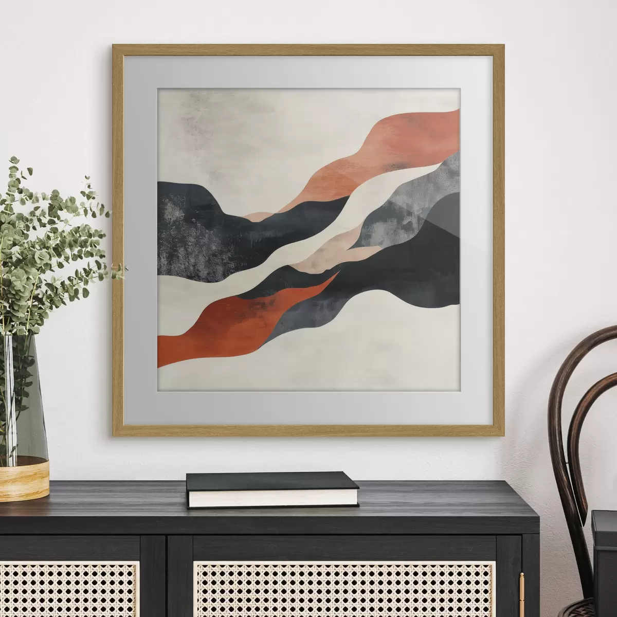 Affiche Paysage abstrait aux lignes ondulées, dans une palette contrastée de terracotta et de bleu foncé f48881