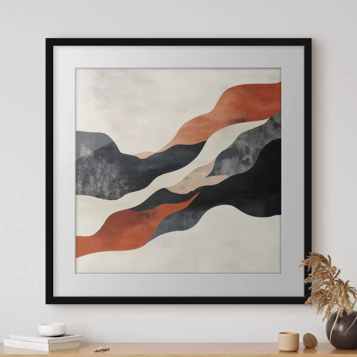 Affiche Paysage abstrait aux lignes ondulées, dans une palette contrastée de terracotta et de bleu foncé f48881