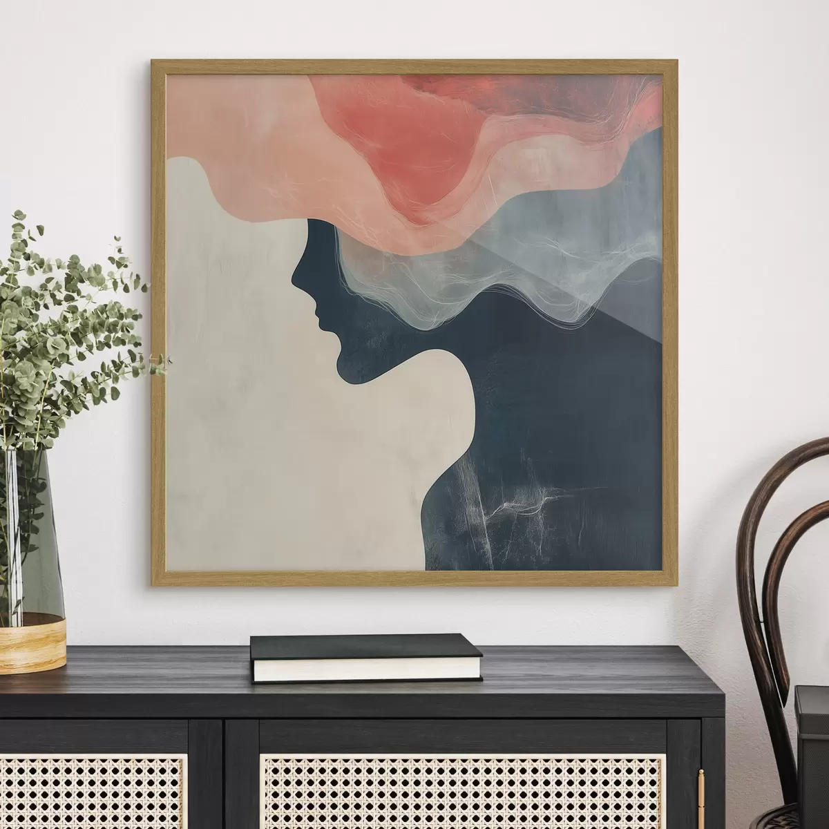 Affiche Silhouette féminine abstraite avec des vagues corail et bleues, dans un style minimaliste f48882