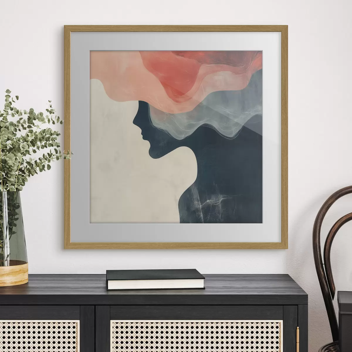 Affiche Silhouette féminine abstraite avec des vagues corail et bleues, dans un style minimaliste f48882