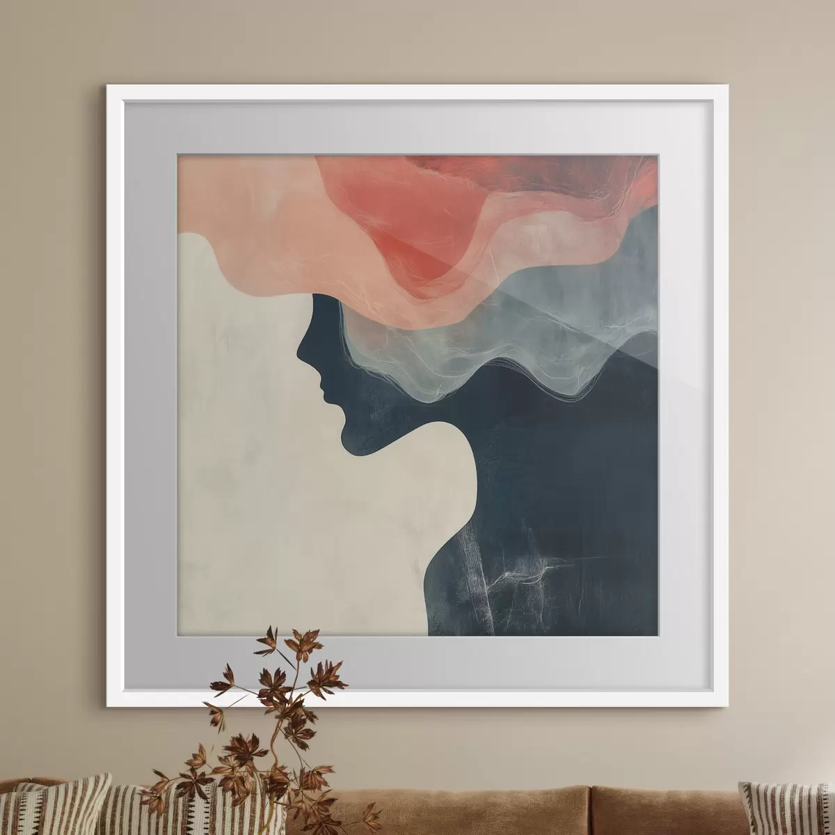 Affiche Silhouette féminine abstraite avec des vagues corail et bleues, dans un style minimaliste f48882
