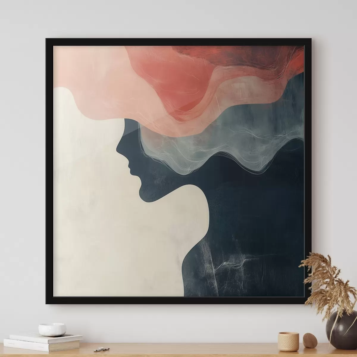 Affiche Silhouette féminine abstraite avec des vagues corail et bleues, dans un style minimaliste f48882