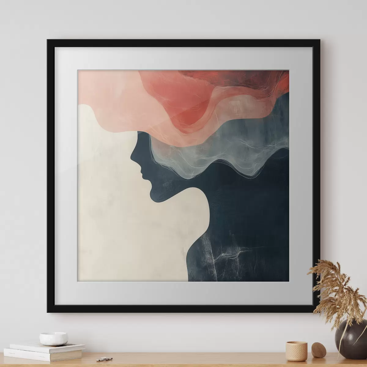Affiche Silhouette féminine abstraite avec des vagues corail et bleues, dans un style minimaliste f48882