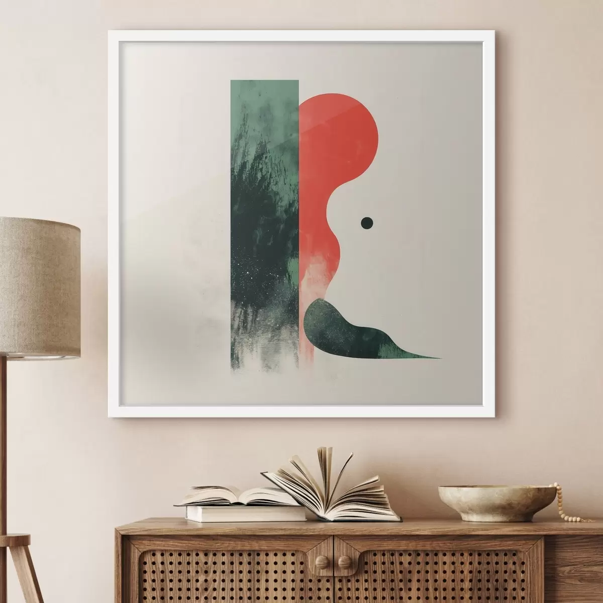 Poster Hedendaagse geometrische compositie met abstracte figuren in rood en groen f48888