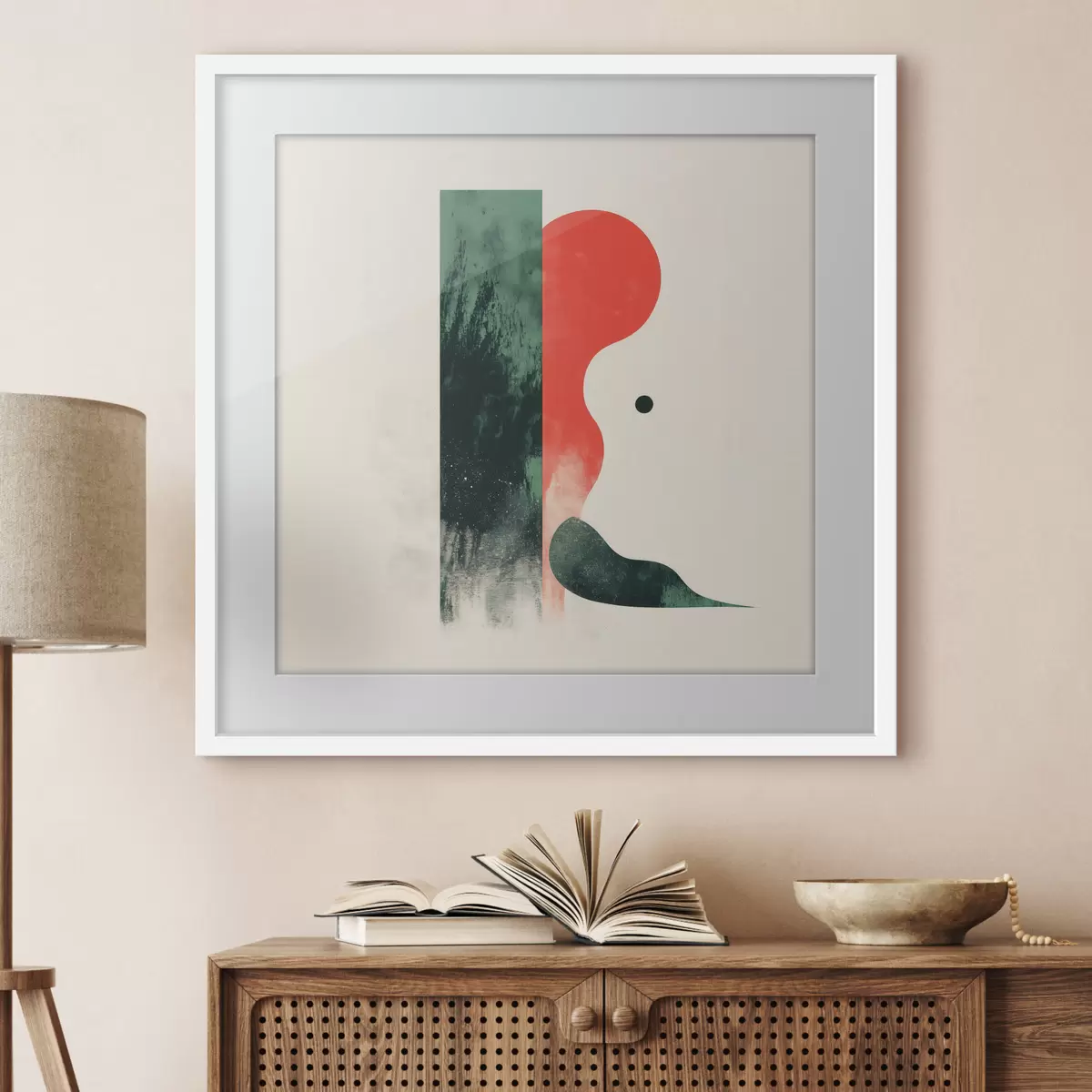 Poster Hedendaagse geometrische compositie met abstracte figuren in rood en groen f48888
