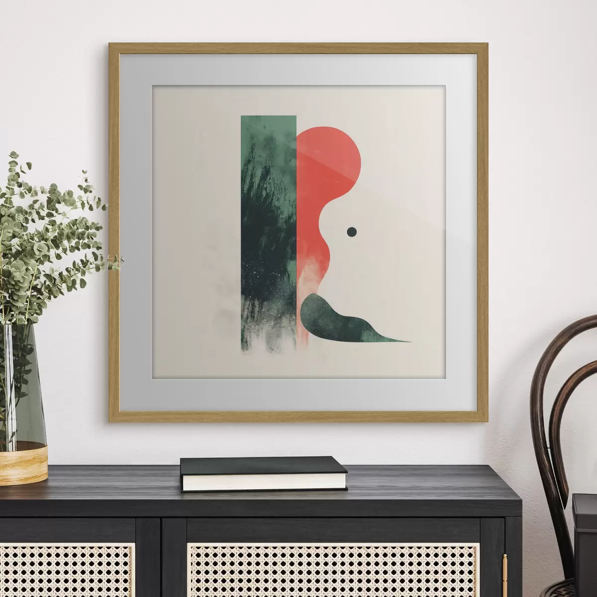 Poster Hedendaagse geometrische compositie met abstracte figuren in rood en groen f48888