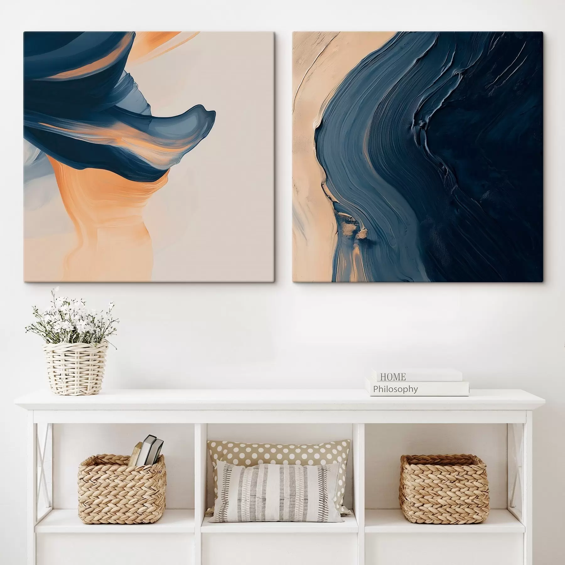  Peintures Une composition abstraite décorative aux lignes fluides et dynamiques, sur un fond bleu-beige contrasté m30368