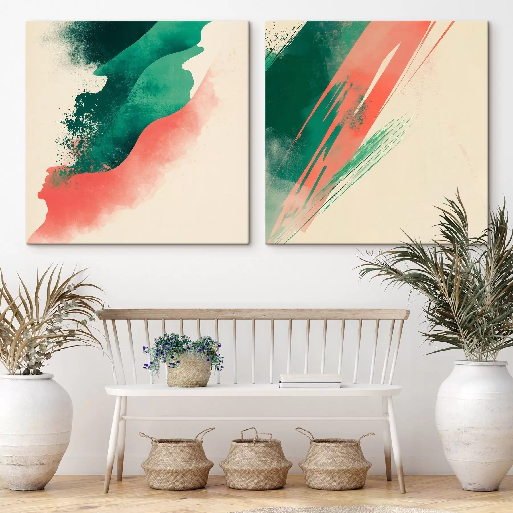  Peintures Diptyque abstrait composé de touches expressives de corail et d'émeraude sur un fond clair m30369