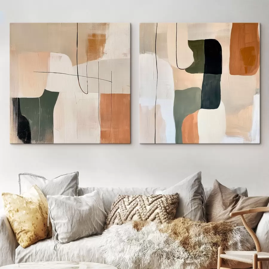  Peintures Diptyque géométrique abstrait dans une palette de tons beiges et terracotta chauds, rehaussée de touches olive m30371