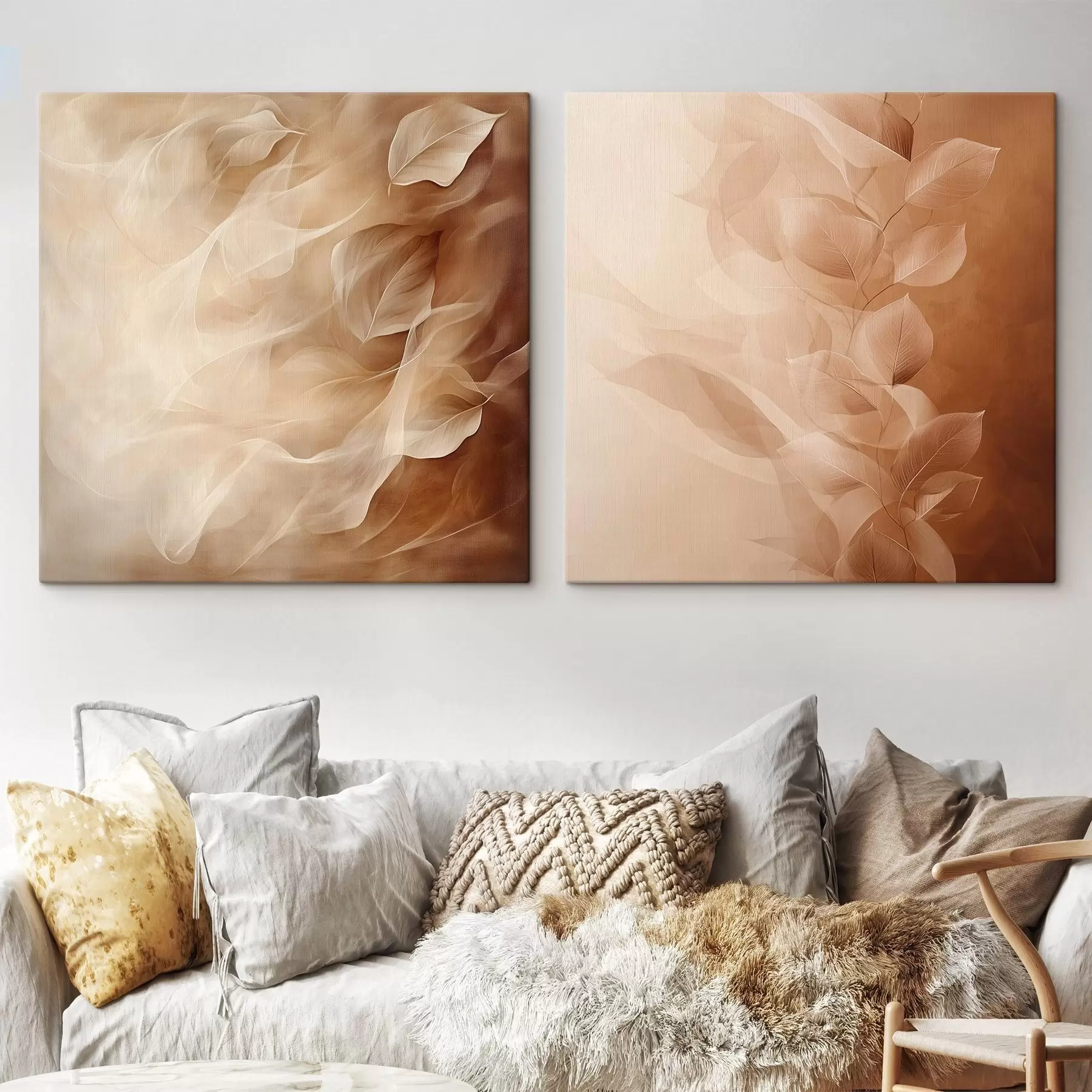  Peintures Diptyque floral aux feuilles semi-transparentes, dans des tons chauds de brun café m30372