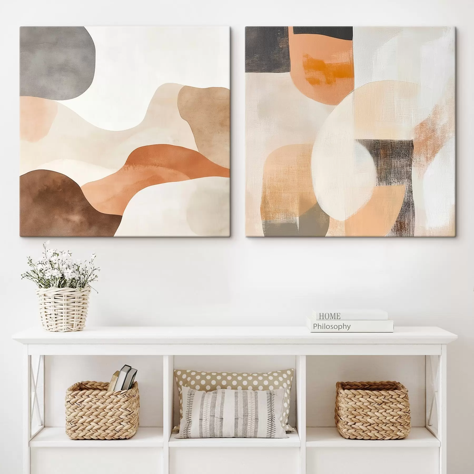  Peintures Composition abstraite composée de formes arrondies et de coups de pinceau expressifs, dans des tons pastel chauds et terreux m30373