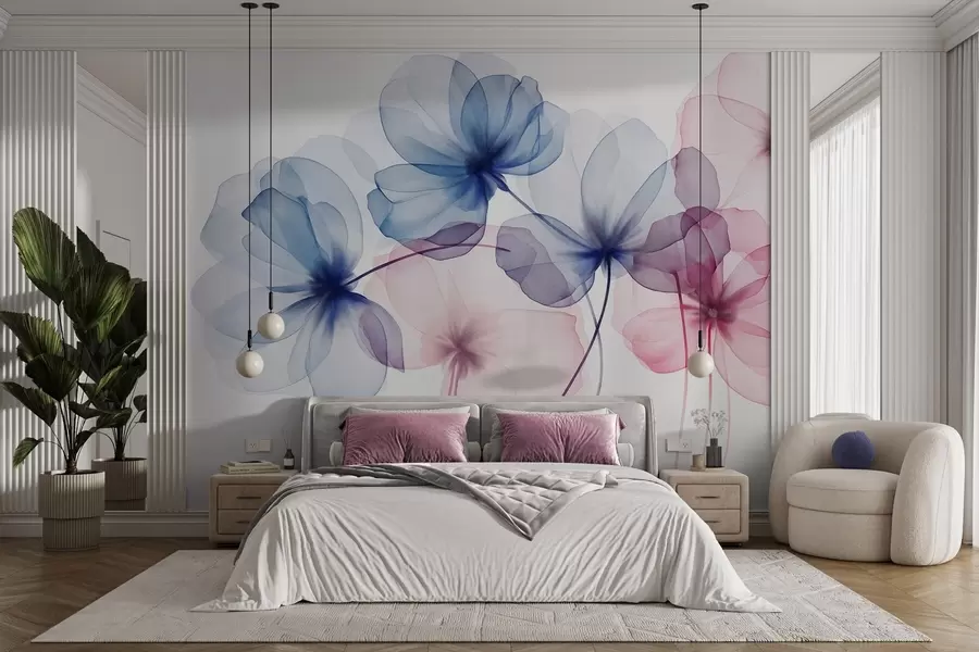 Papier peint photo Fleurs bleues et roses translucides et texturées sur fond clair, dont les pétales délicats se chevauchent w09892