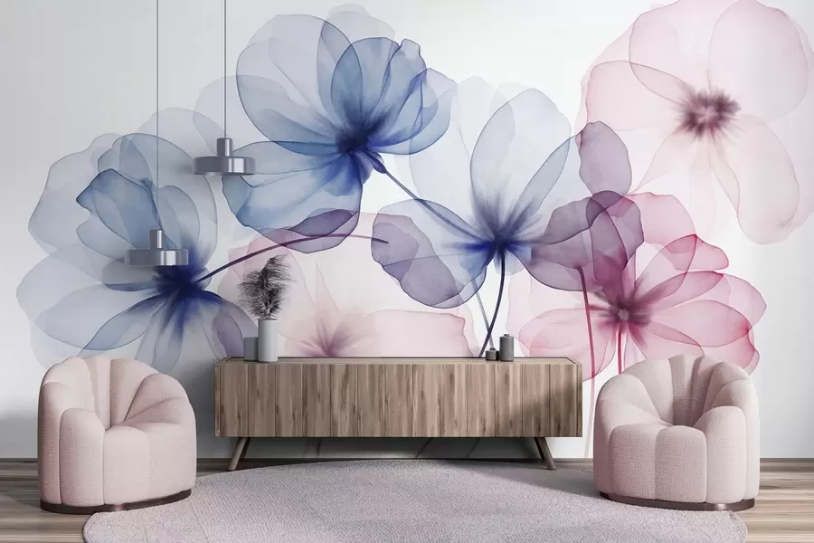 Papier peint photo Fleurs bleues et roses translucides et texturées sur fond clair, dont les pétales délicats se chevauchent w09892