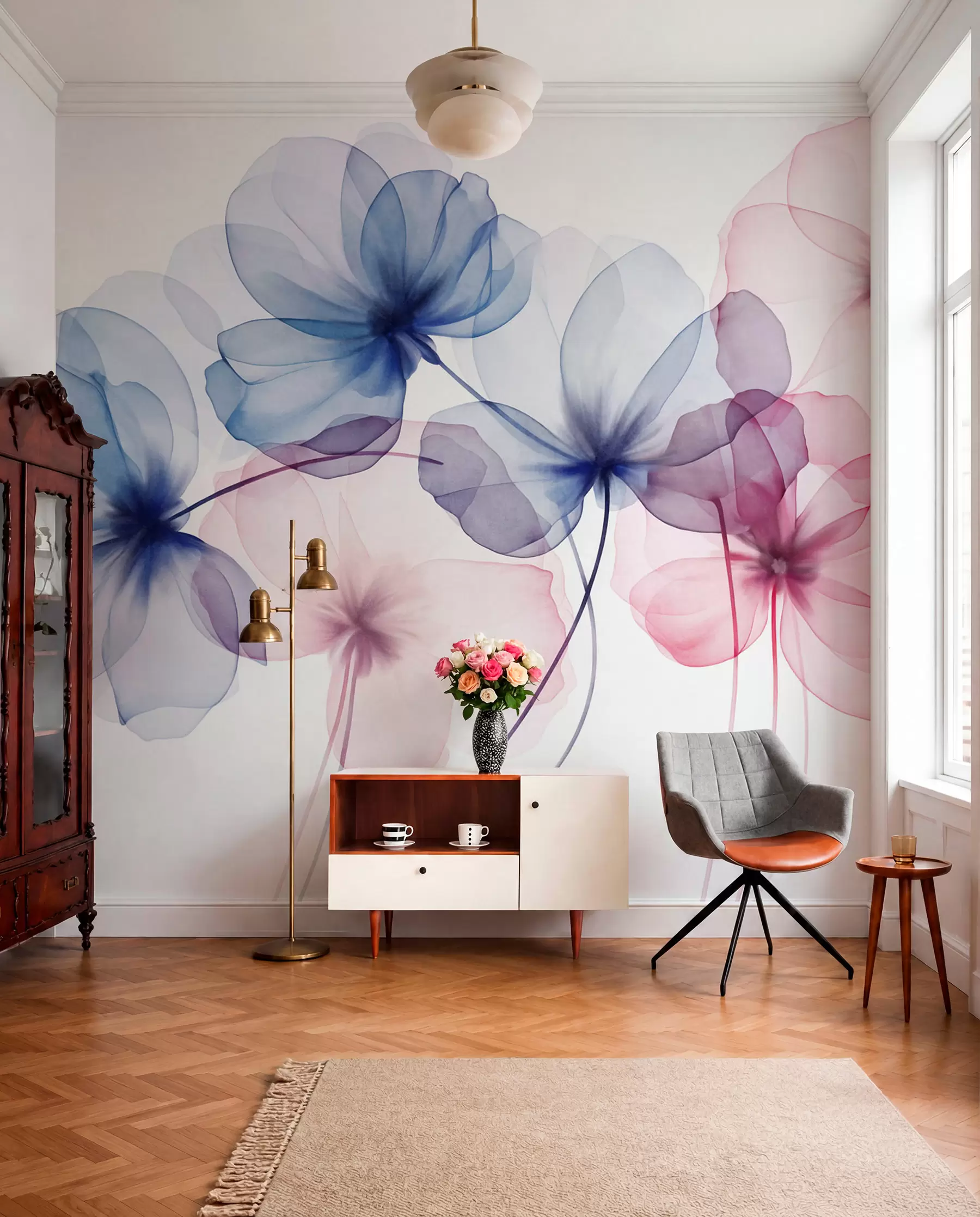 Fotobehang Doorschijnende, gestructureerde blauwe en roze bloemen op een lichte achtergrond, met elkaar overlappende delicate bloemblaadjes w09892