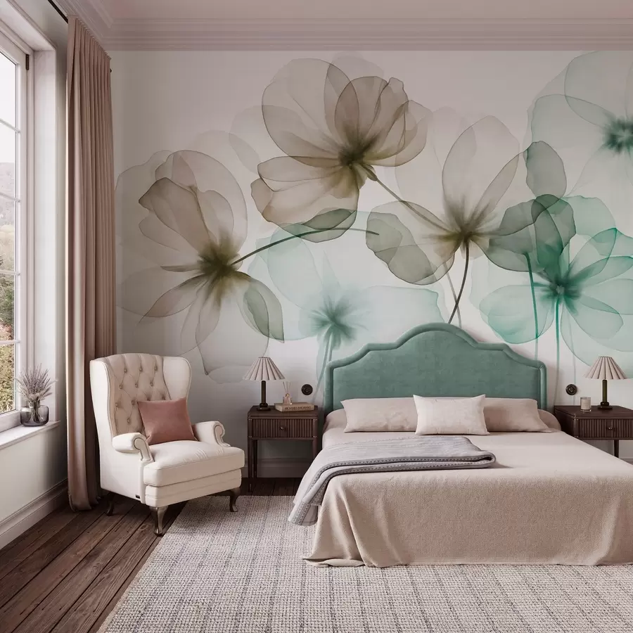 Fotobehang Doorschijnende, gestructureerde groene en bruine bloemen op een lichte achtergrond, met elkaar overlappende delicate bloemblaadjes w09892v1