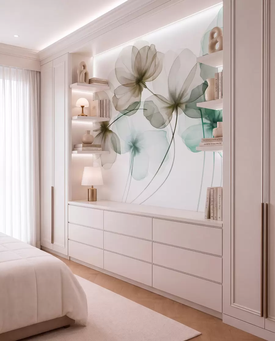 Fotobehang Doorschijnende, gestructureerde groene en bruine bloemen op een lichte achtergrond, met elkaar overlappende delicate bloemblaadjes w09892v1