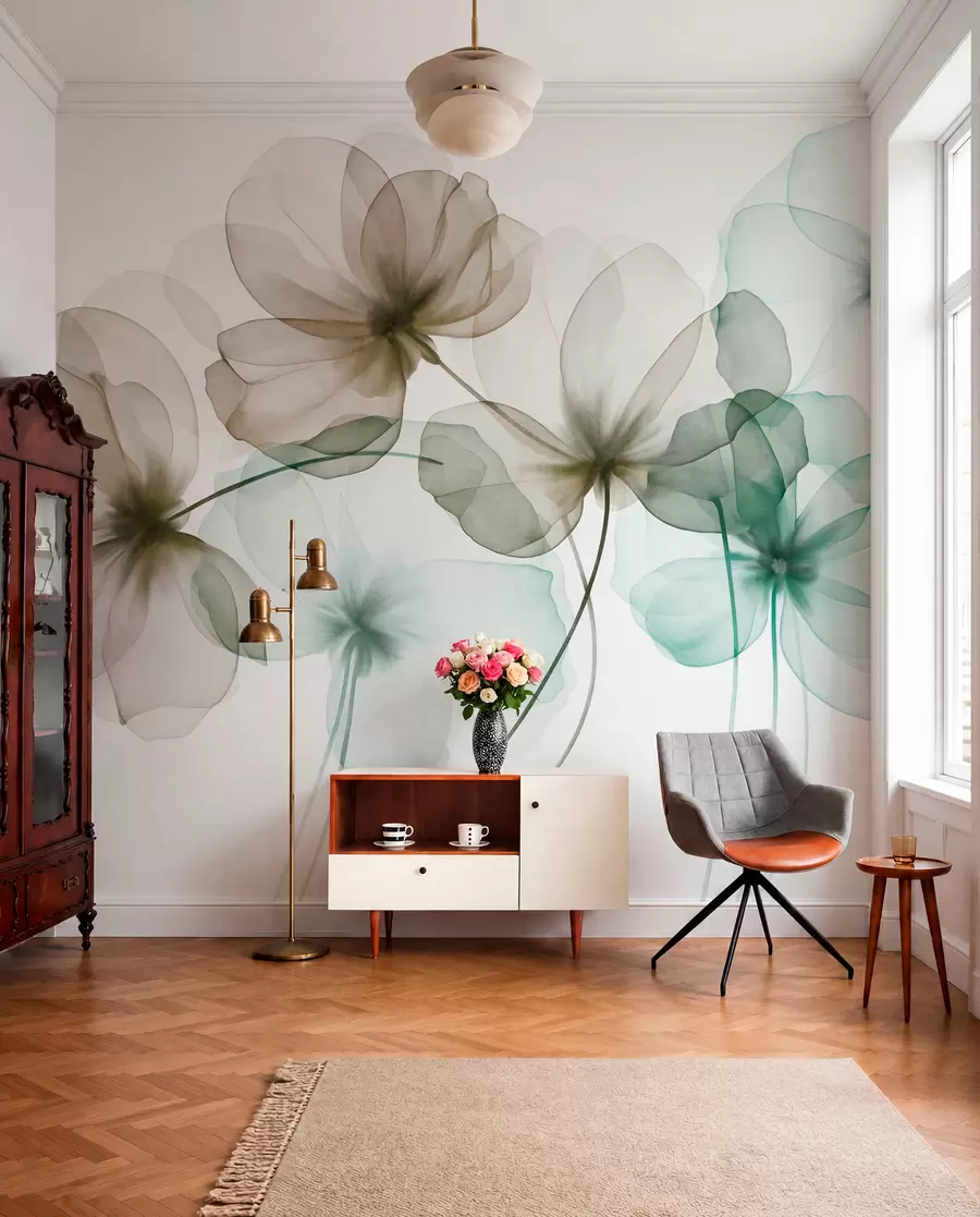 Fotobehang Doorschijnende, gestructureerde groene en bruine bloemen op een lichte achtergrond, met elkaar overlappende delicate bloemblaadjes w09892v1