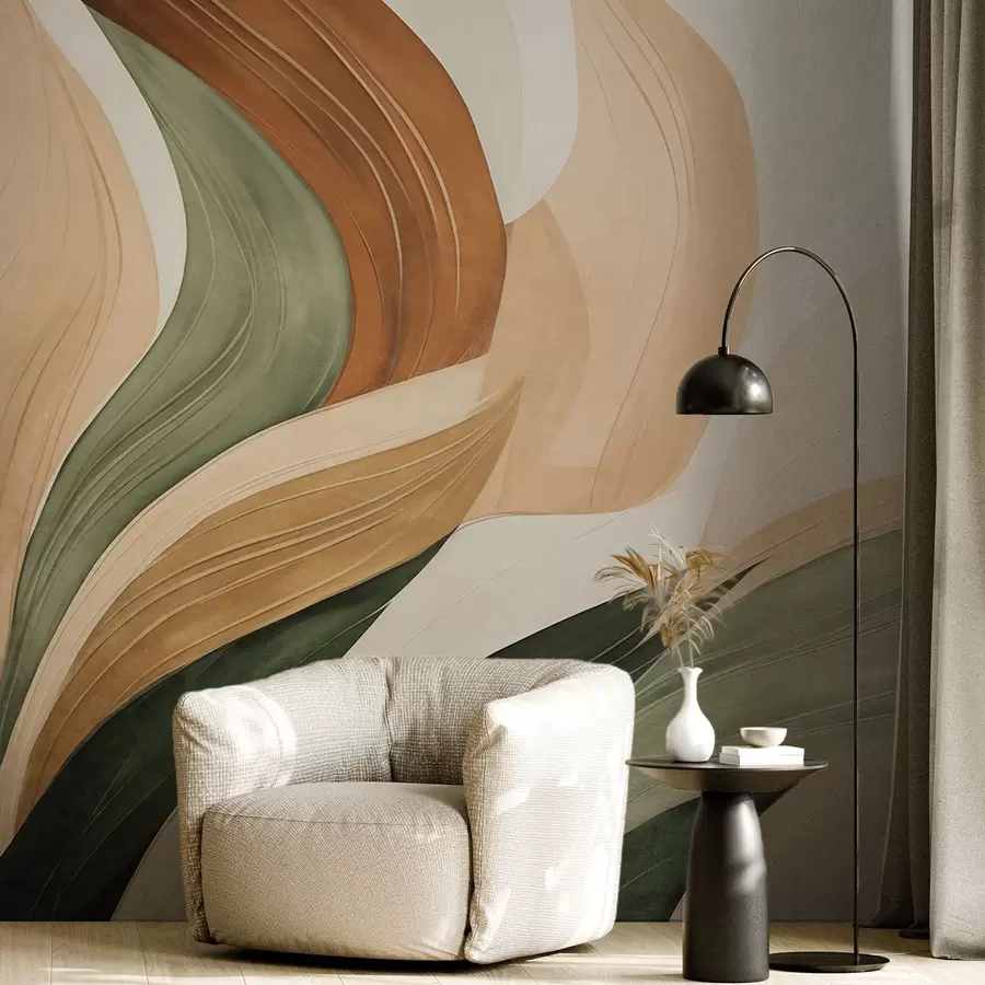 Fotobehang Abstracte organische vormen in aardse tinten van groen, bruin en beige met vloeiende texturen w09894