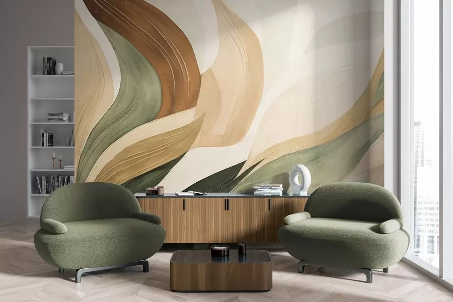 Fotobehang Abstracte organische vormen in aardse tinten van groen, bruin en beige met vloeiende texturen w09894