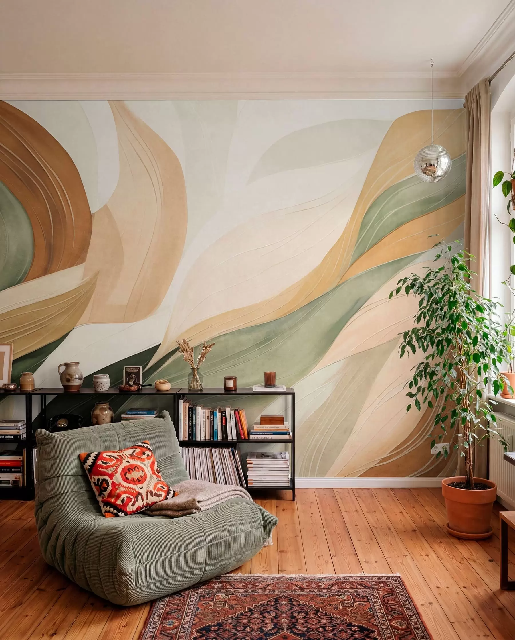 Fotobehang Abstracte organische vormen in aardse tinten van groen, bruin en beige met vloeiende texturen w09894