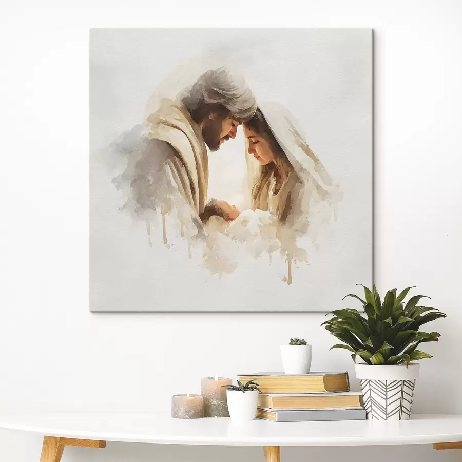  Peintures La Vierge Marie et Joseph avec l'Enfant Jésus, dans un style aquarelle s49422