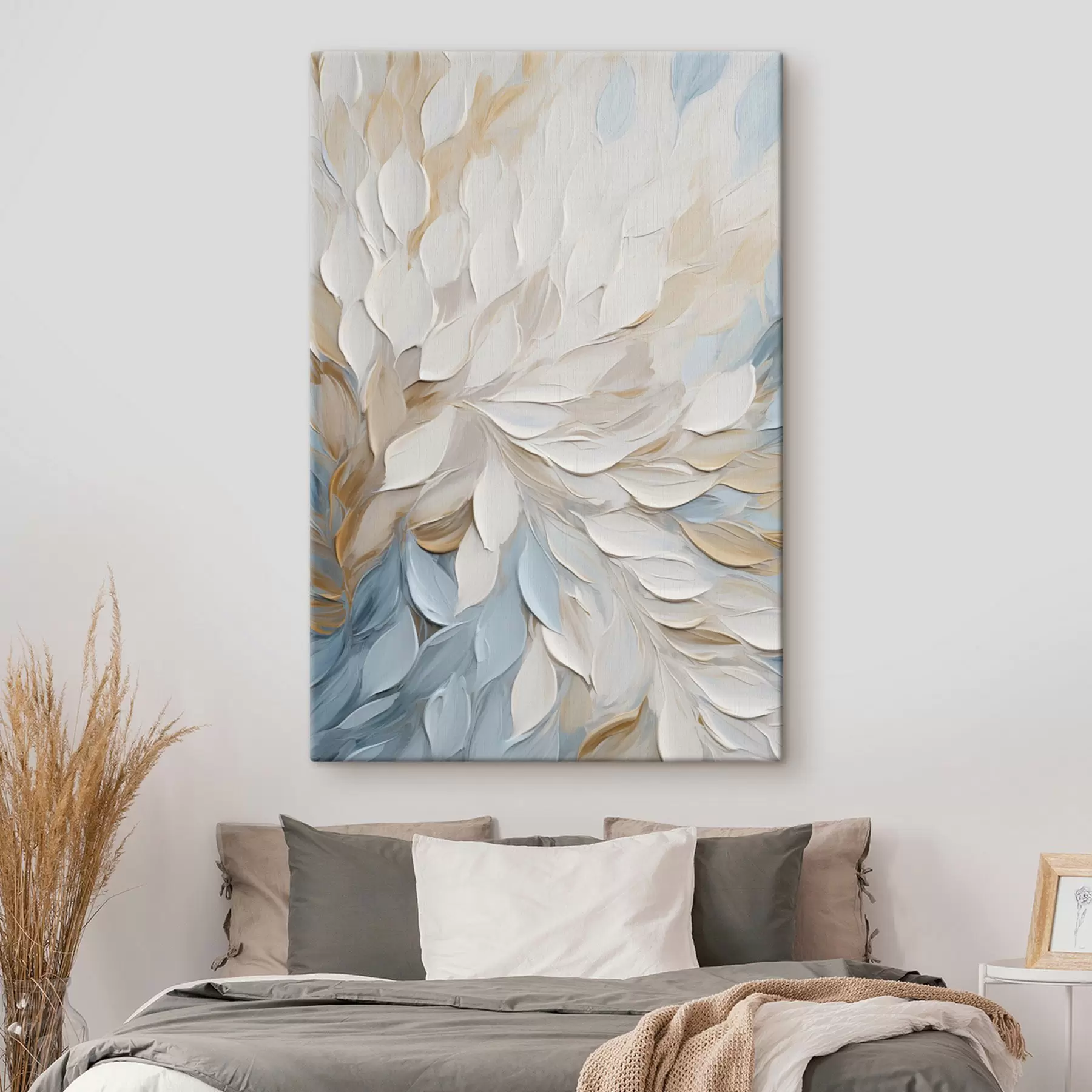  Schilderijen Schilderij met een abstracte structuur en penseelstreken in wit, blauw en beige s49464