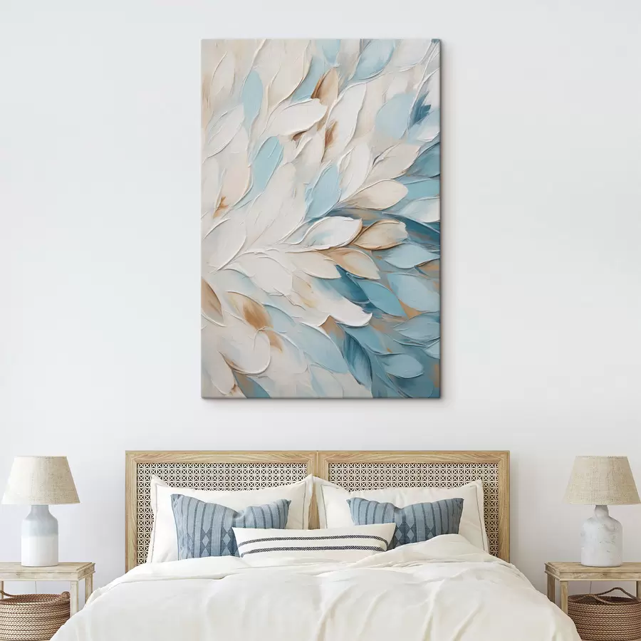  Schilderijen Schilderij met een abstracte structuur en penseelstreken in wit, blauw en beige s49465