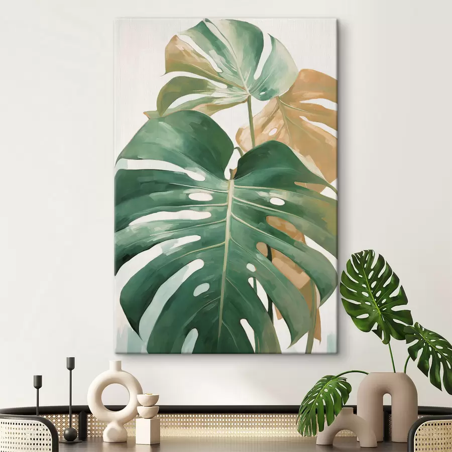  Schilderijen Grote monstera-bladeren, minimalistische kunst met textuur s49469