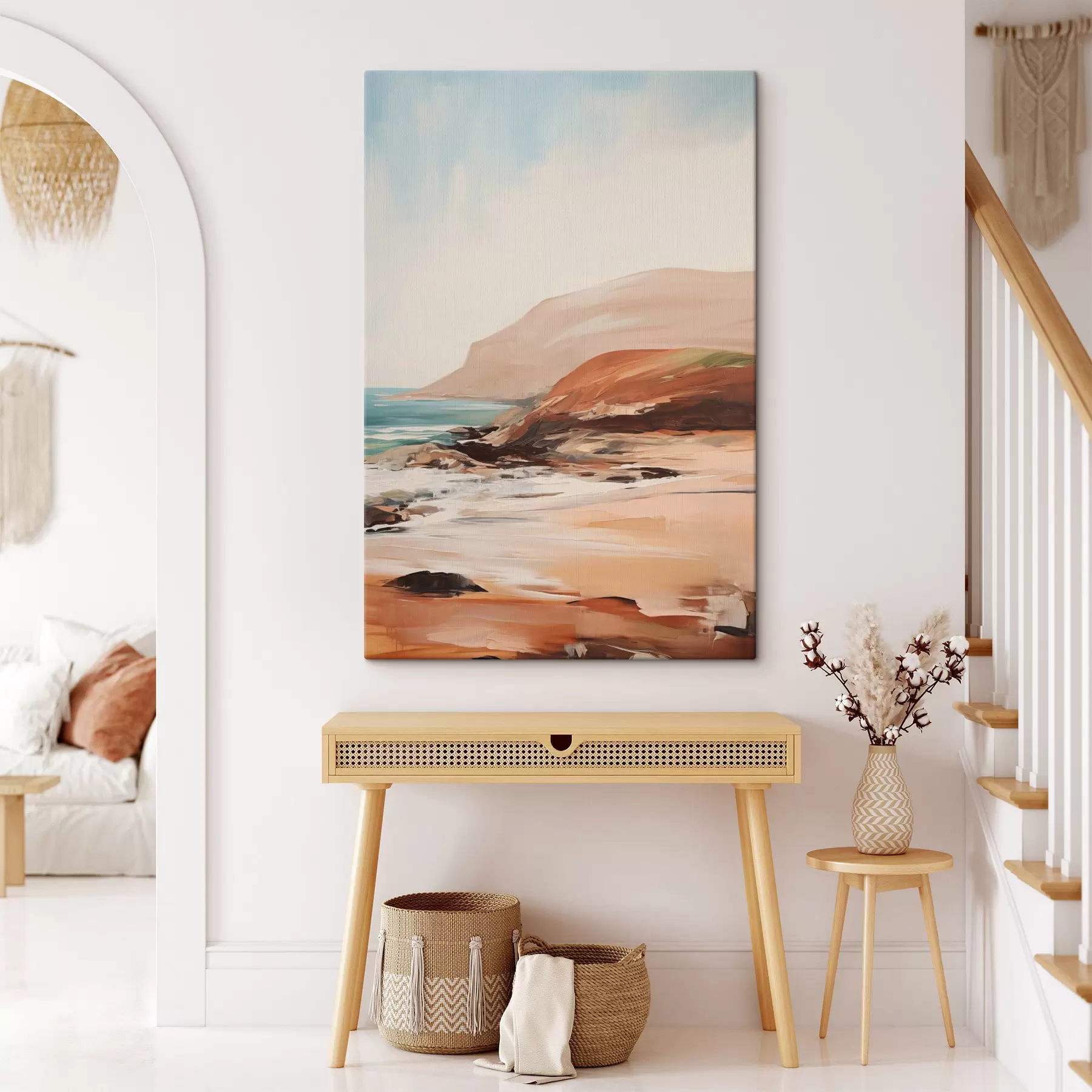  Peintures Paysage avec des falaises et des vagues qui viennent s'écraser sur une plage de sable, avec une mer calme s49477