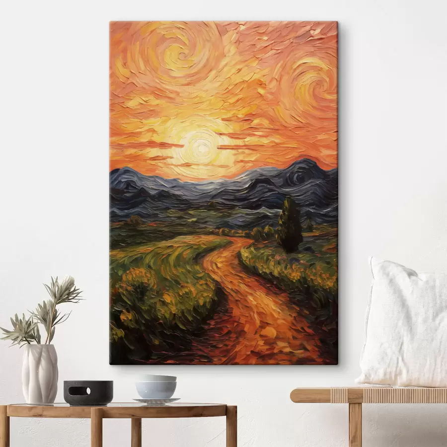  Schilderijen Levendig landschap, oranje en gele lucht met een zon, gestileerde kunst met textuur s49478