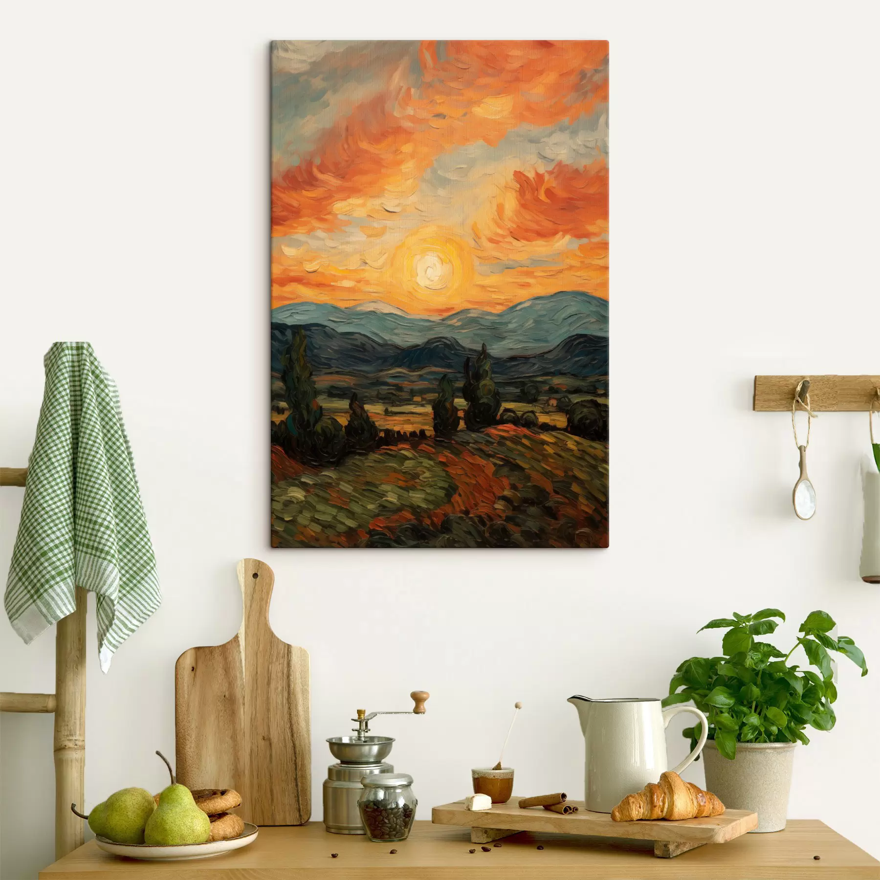  Peintures Paysage éclatant, ciel orange et jaune avec un soleil, illustration stylisée et texturée s49479